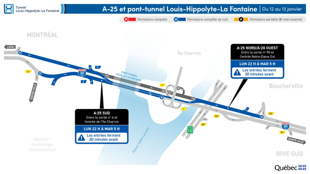 Carte des travaux au tunnel La Fontaine dans la nuit du 12 au 13 janvier 2026