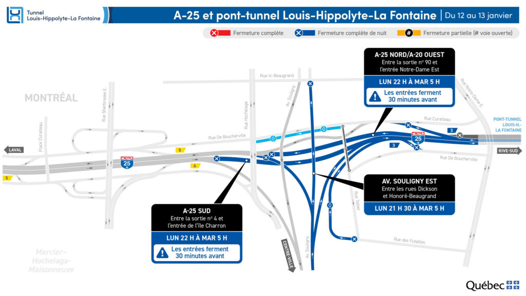 Carte des travaux au tunnel La Fontaine dans la nuit du 12 au 13 janvier 2026