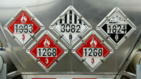 Numbered black and red transportation placards alternate text for this image