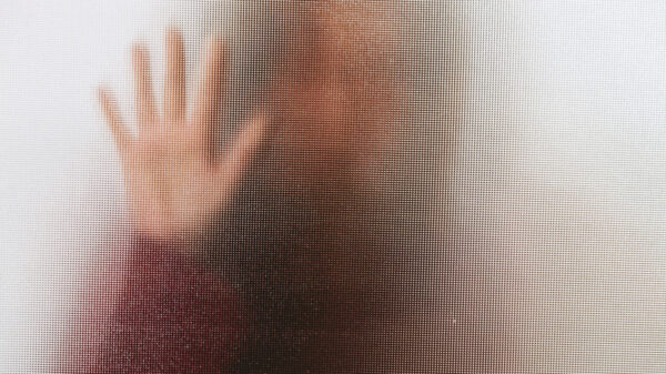 Domestic abuse victim with hands pressed against glass window alternate text for this image