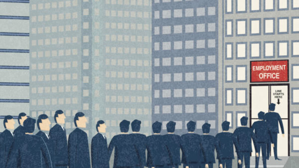 Retro Businessmen Waiting In Line At The Unemployment Office alternate text for this image