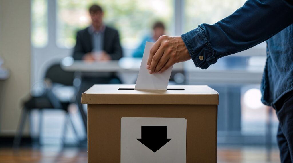 Main d’un homme dépose un vote dans une boîte de scrutin