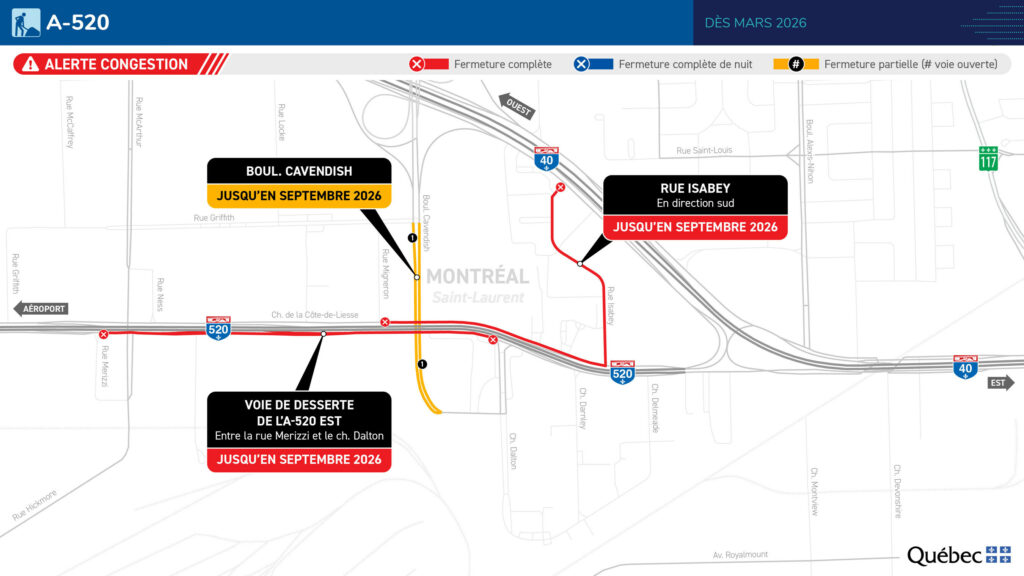 Carte des travaux au pont d’étagement 520-Cavendish à compter du 10 février 2026.