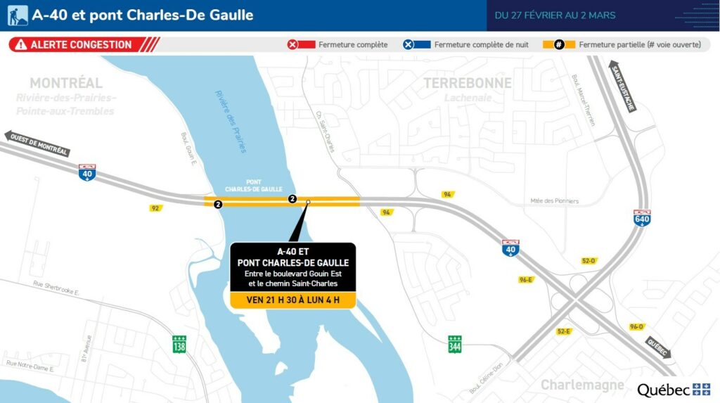 Carte des travaux au pont Charles-De Gaulle du 27 février au 2 mars 2026