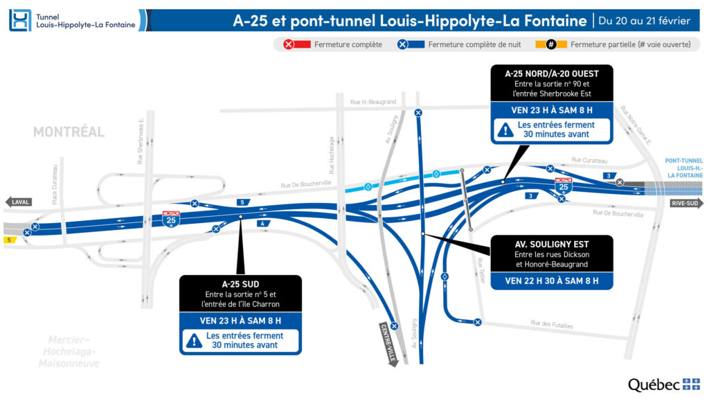 Carte des travaux au tunnel La Fontaine dans la nuit du 20 au 21 février 2026