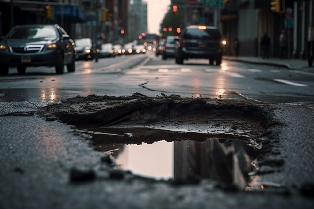 Gros plan d’un nid-de-poule en milieu urbain avec voitures en arrière-plan