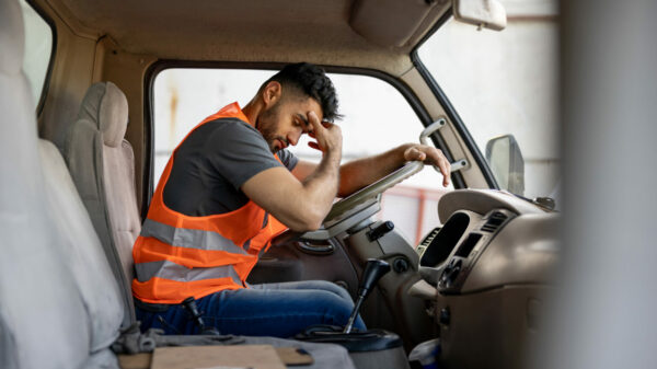 Tired truck driver having a headache after working extra hours alternate text for this image
