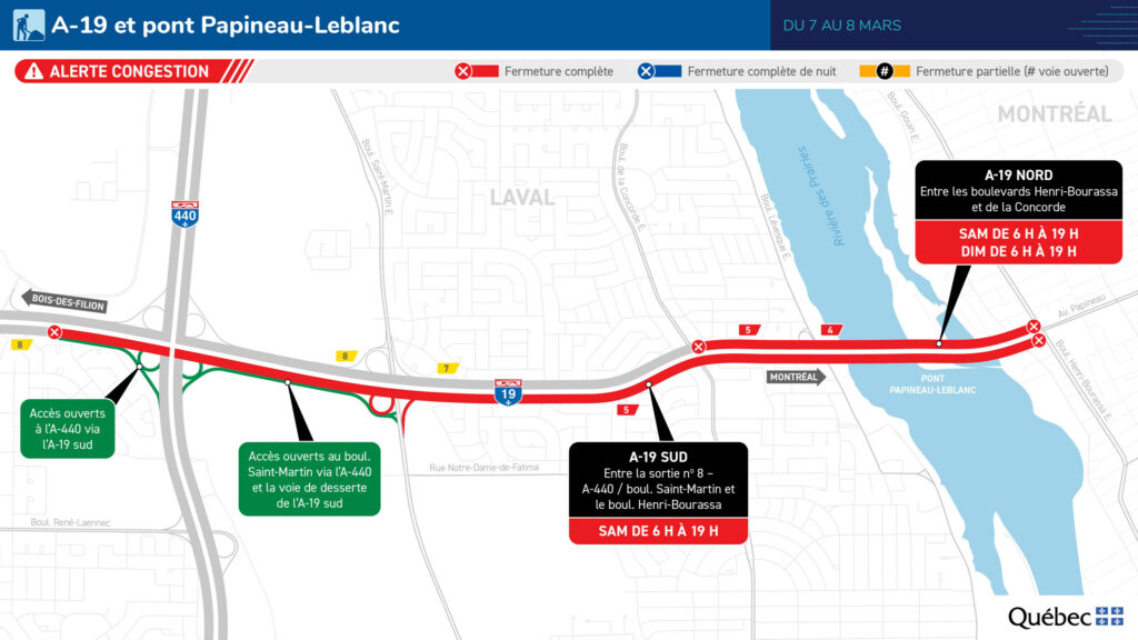 Carte des travaux au pont Papineau les 7 et 8 mars 2026