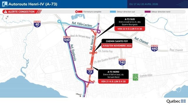 Carte des travaux sur l'autoroute Henri-IV du 17 au 20 avril 2026