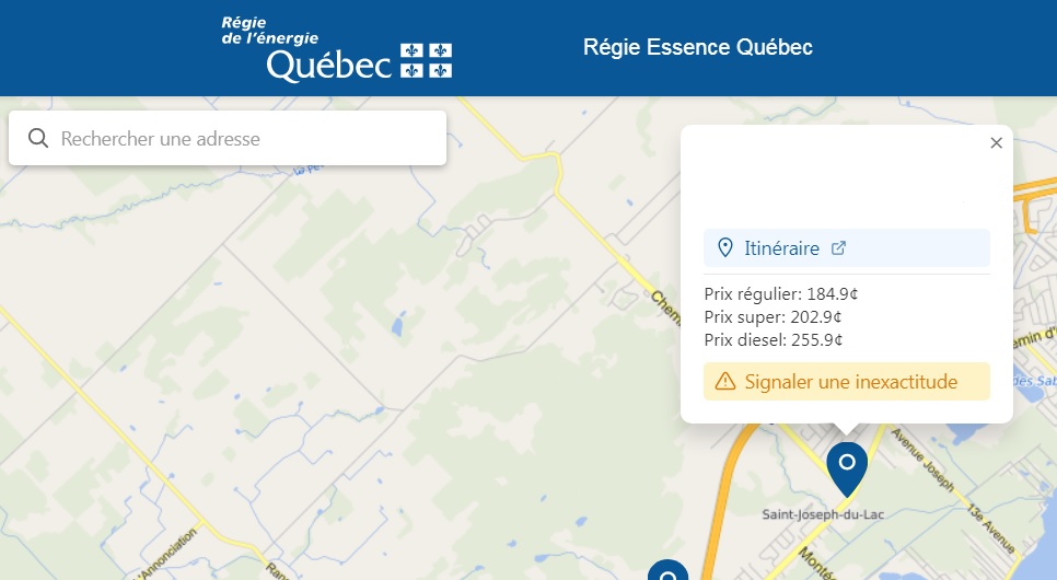 Carte des prix des carburants de la Régie de l’énergie