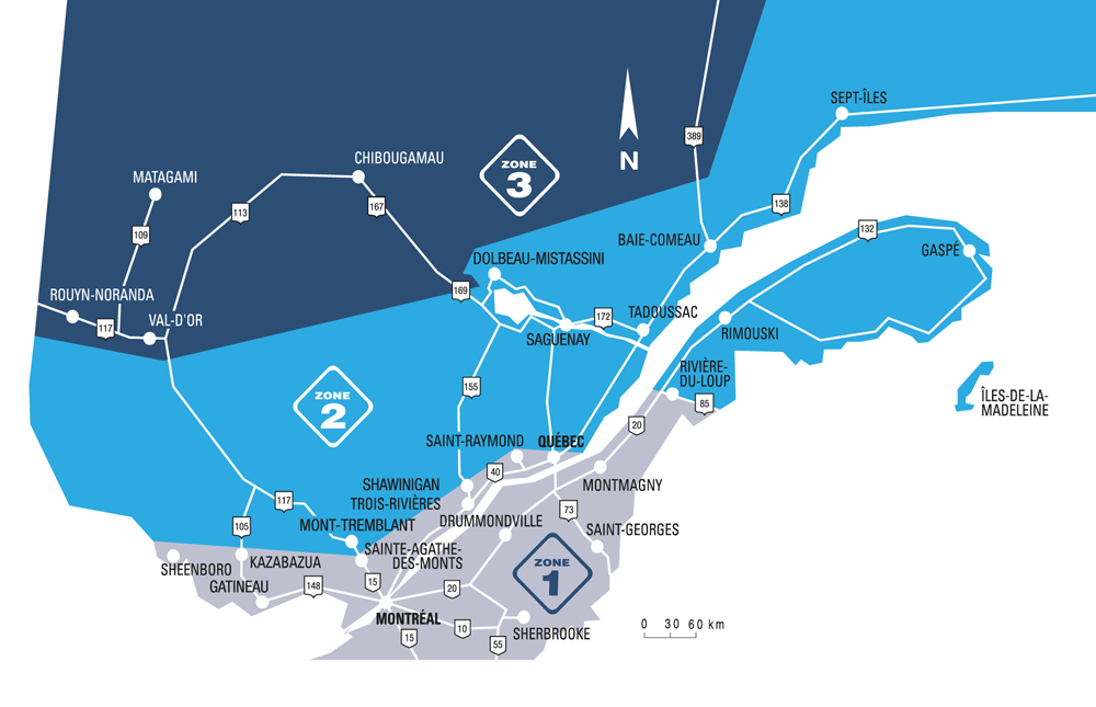 Carte des 3 zones de dégel du Québec