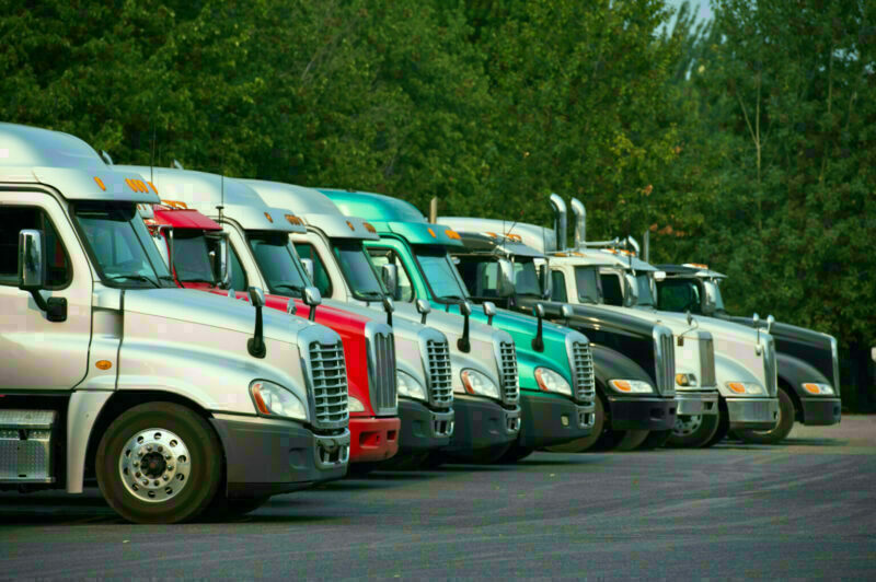 Camions de différentes marques alignés dans un stationnement