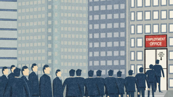 Retro Businessmen Waiting In Line At The Unemployment Office alternate text for this image