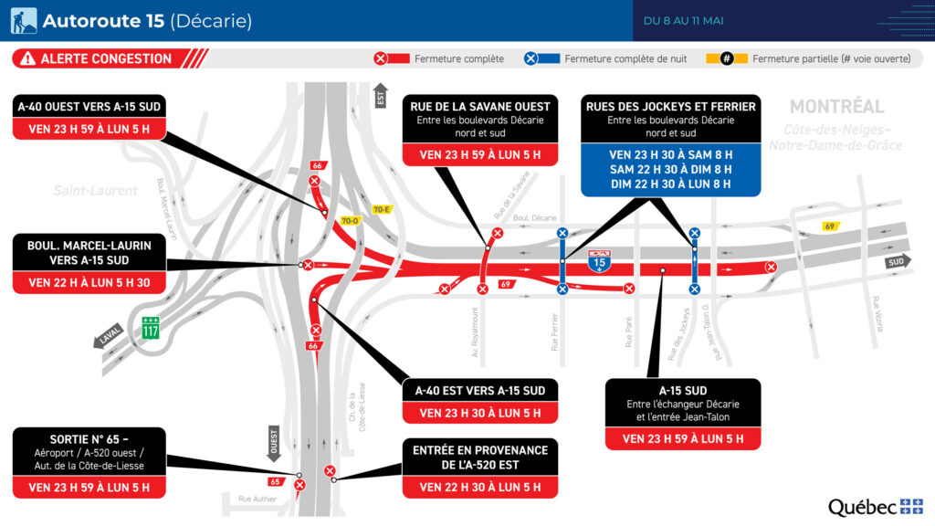 Carte des travaux routiers sur Décarie sud du 8 au 11 mai