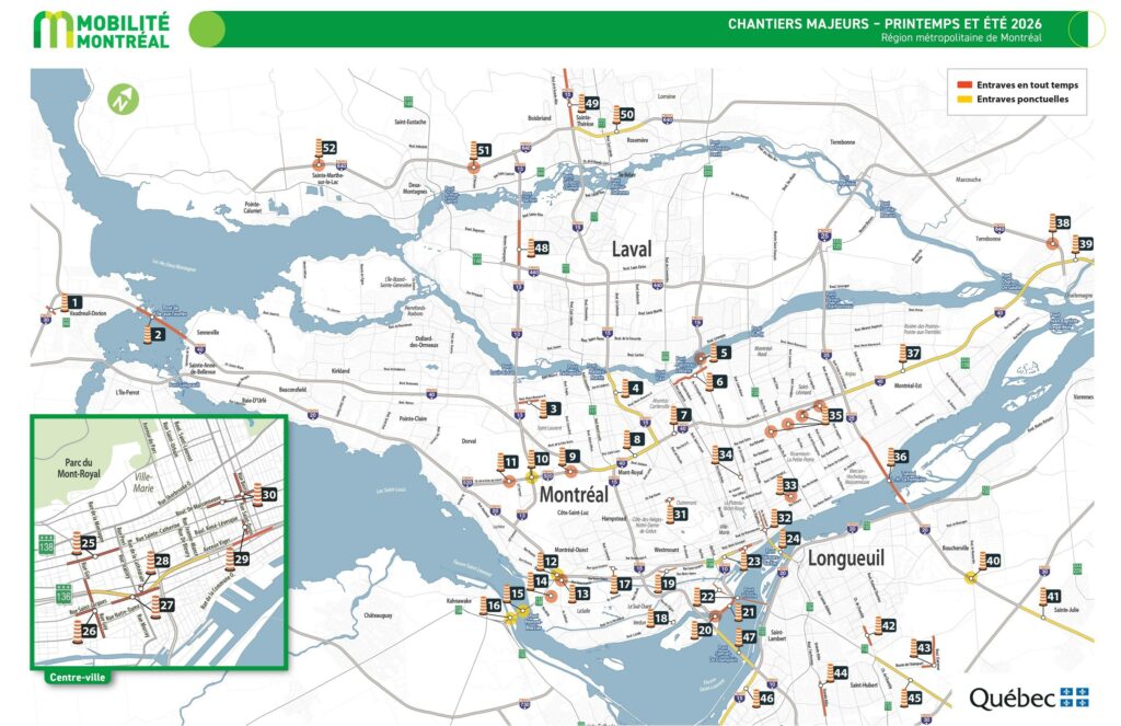 Carte des chantiers routiers de l’été 2026 dans le Grand Montréal