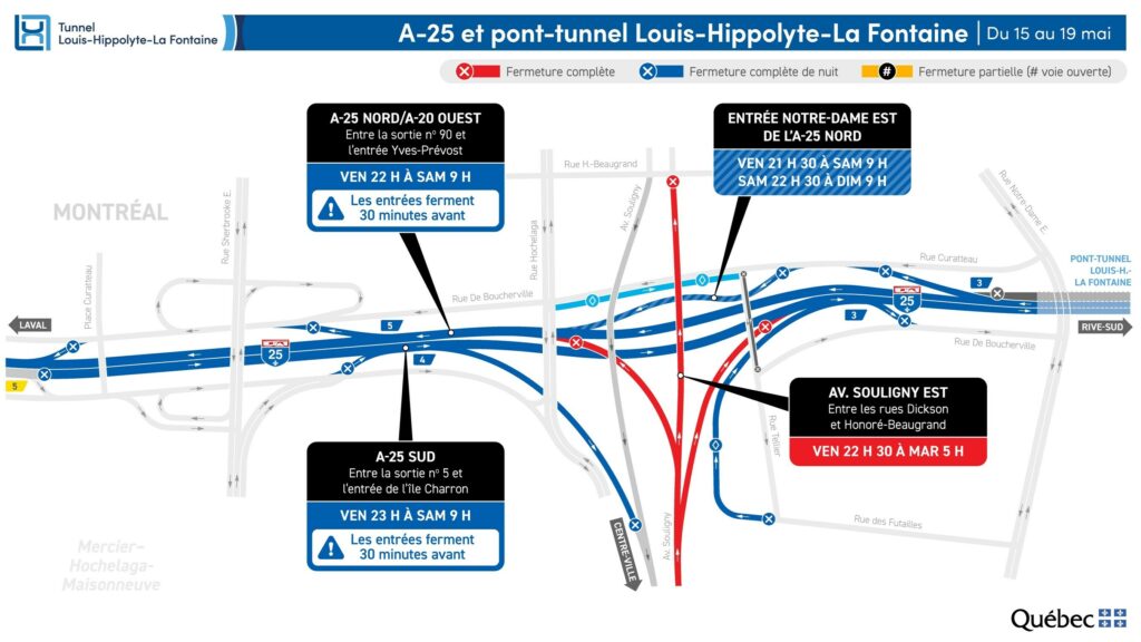 Carte des travaux au tunnel La Fontaine durant le week-end du 15 mai 2026
