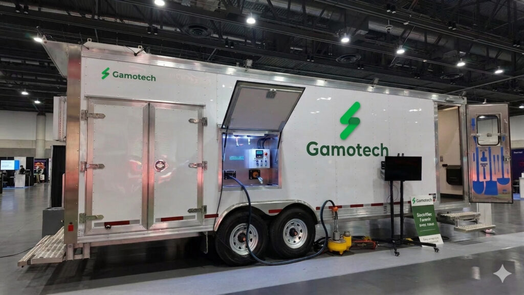 Remorque sur laquelle est déposé un atelier mobile électrifié de Gamotech.