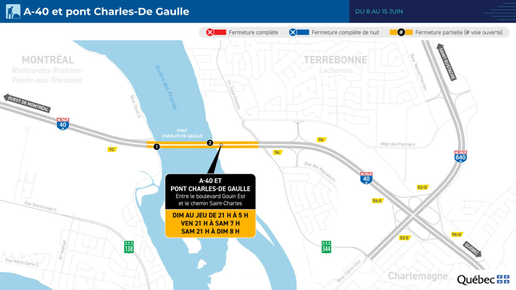 Carte des travaux au pont Charles-De Gaulle du 8 au 15 juin 2026