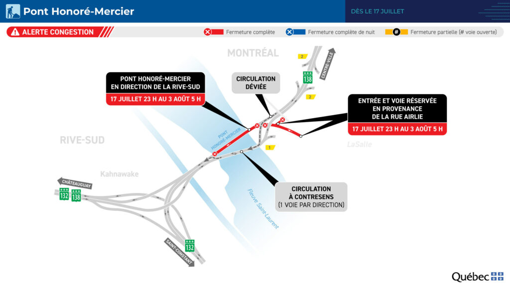 Carte des travaux au pont Mercier du 17 juillet au 3 août 2026