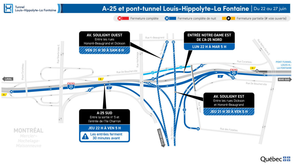 Carte des travaux au tunnel La Fontaine du 22 au 27 juin 2026
