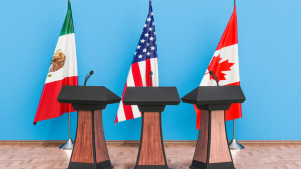 United States Mexico Canada Agreement, USMCA or NAFTA meeting concept. 3D rendering alternate text for this image
