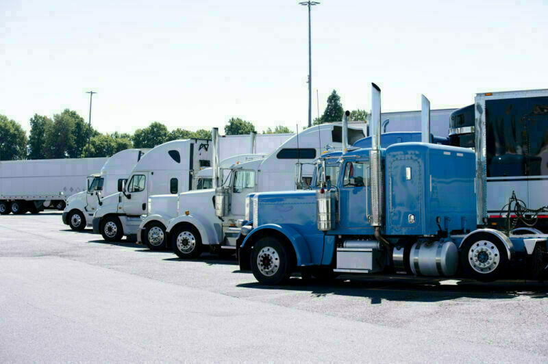 Rangée de camions de différentes marques dans un stationnement