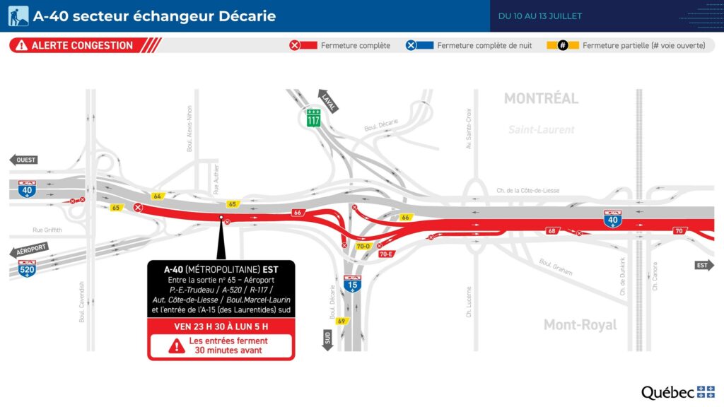 Carte des travaux sur la Métropolitaine Est du 10 au 13 juillet 2026
