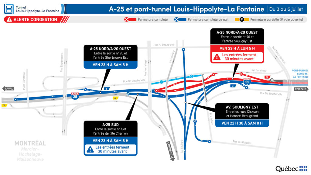 Carte des travaux au tunnel La Fontaine le week-end du 3 juillet 2026