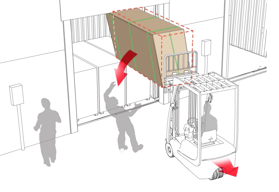 Croquis qui montre comment un chargement est tombé d’un chariot élévateur sur un travailleur à proximité