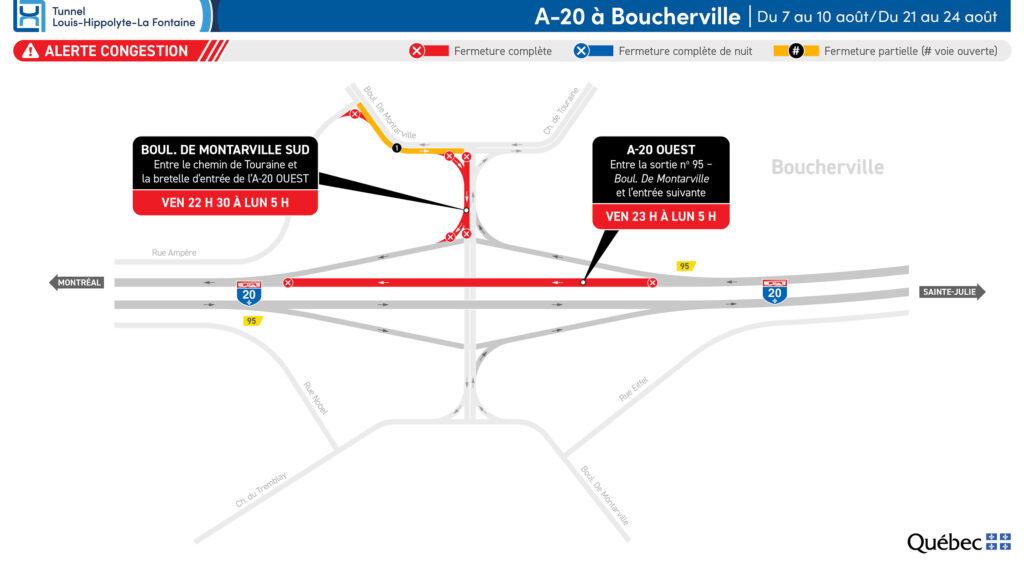 Carte des travaux sur la 20 à Boucherville en août 2026