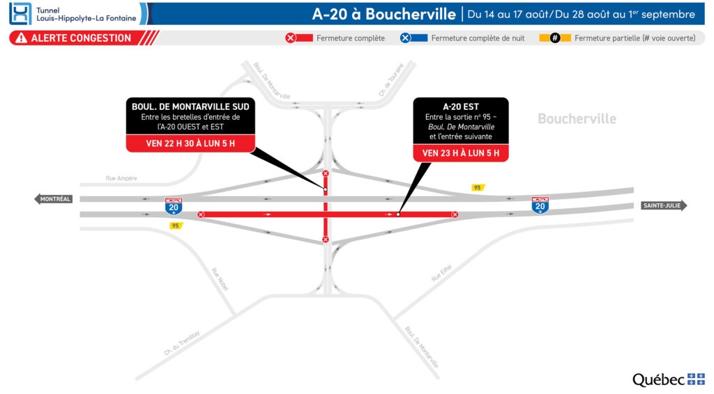 Carte des travaux sur la 20 à Boucherville en août 2026