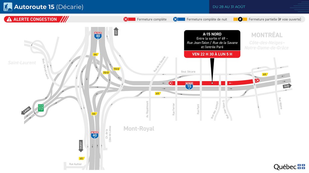 Carte des travaux sur l’autoroute Décarie nord du 28 au 31 août 2026