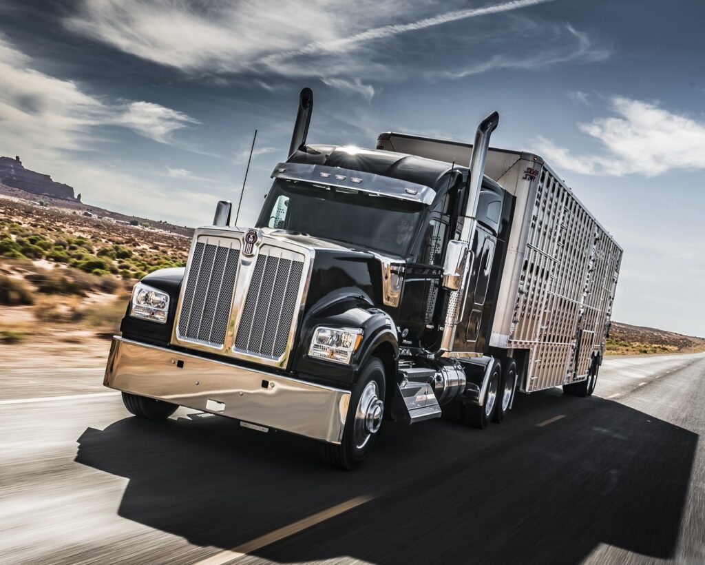 Kenworth W990 vu de face sur autoroute avec remorque de transport de bétail