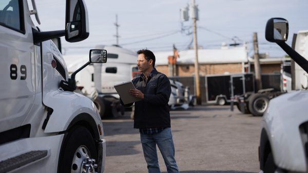 Truck driver inspecting a semi-truck in a parking lot alternate text for this image