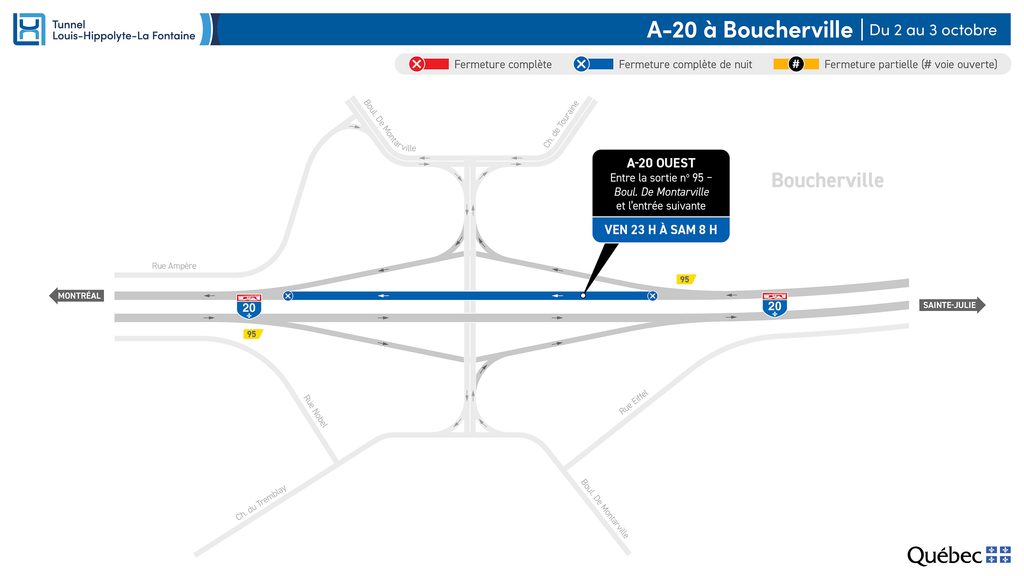 Carte des travaux sur la 20 à Boucherville les 1er et 2 octobre 2026