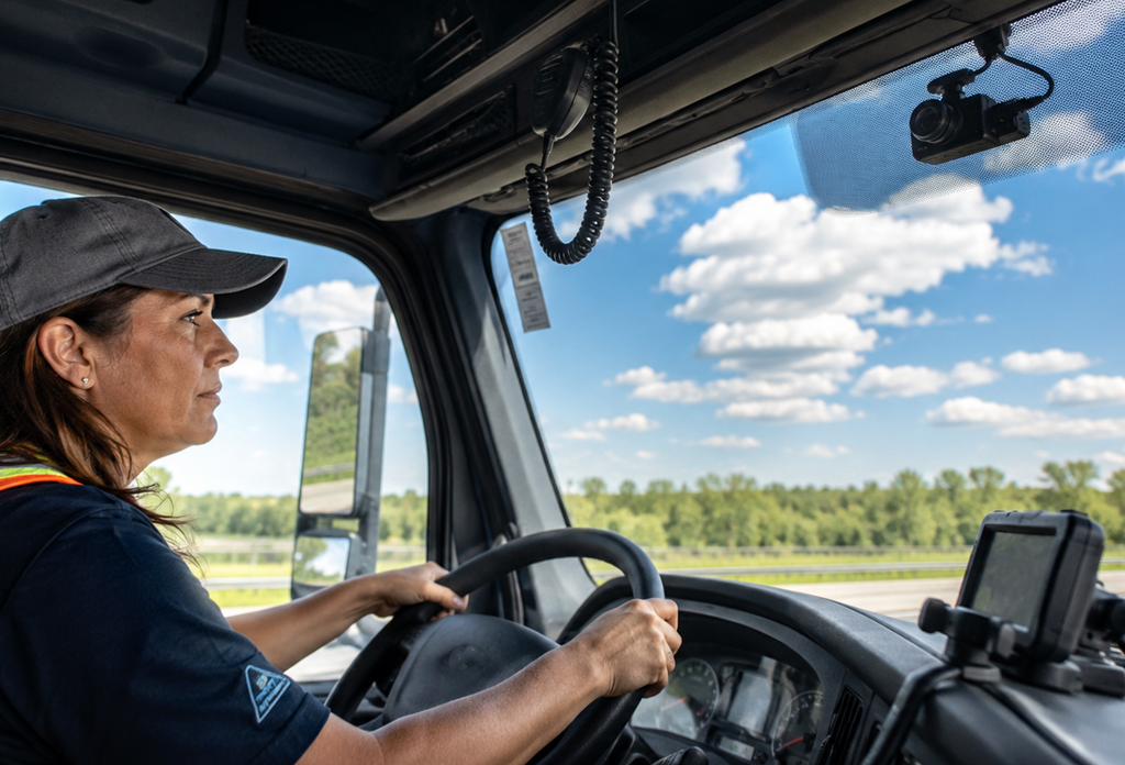 Chauffeuse avec caméra dans son camion