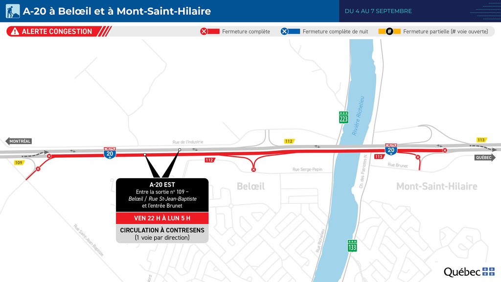 Carte des travaux sur l’autoroute 20 du 4 au 7 septembre 2026.