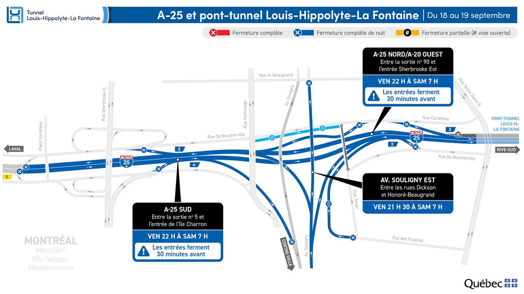 Carte des travaux au tunnel La Fontaine pendant la nuit du 18 au 19 septembre 2026