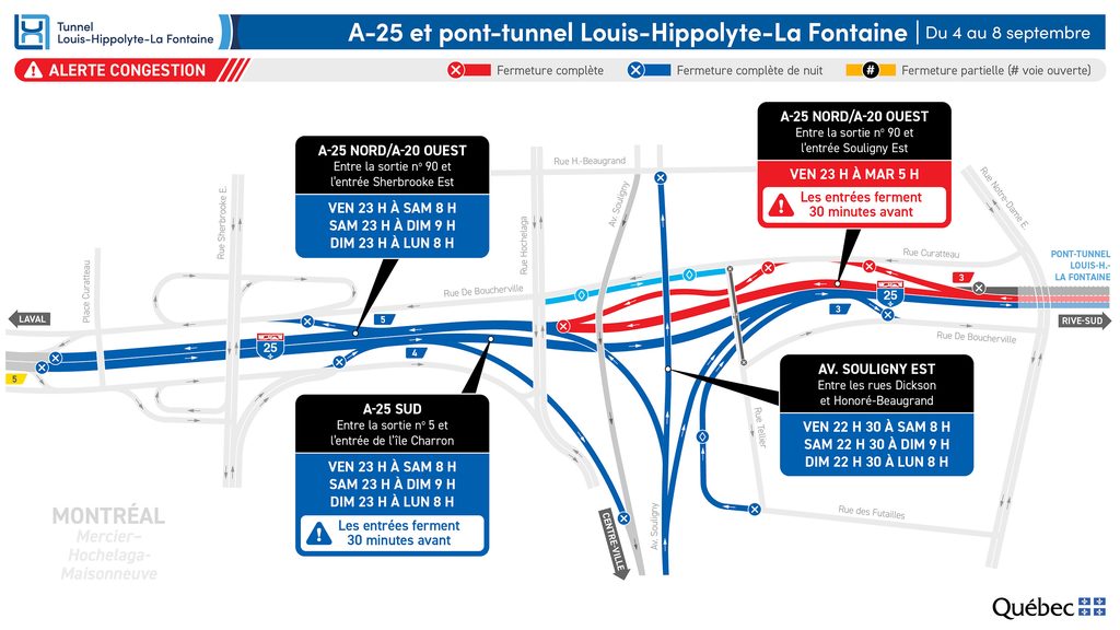 Carte des travaux au tunnel La Fontaine pendant le week-end du 4 septembre 2026.