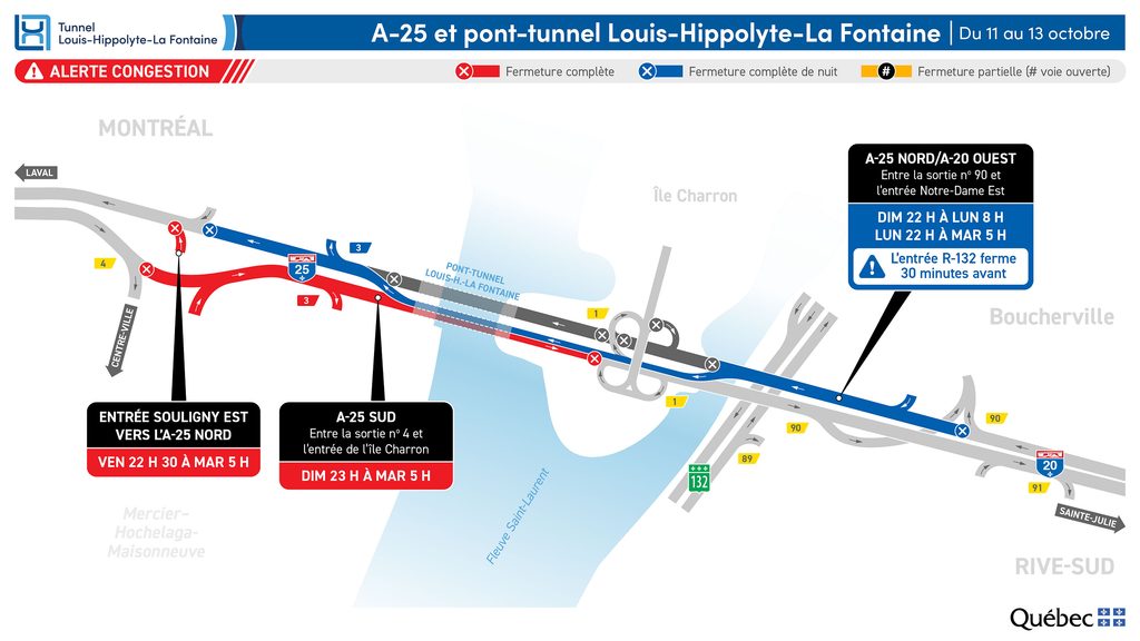 
Carte des travaux au tunnel La Fontaine du 9 au 11 octobre 2026