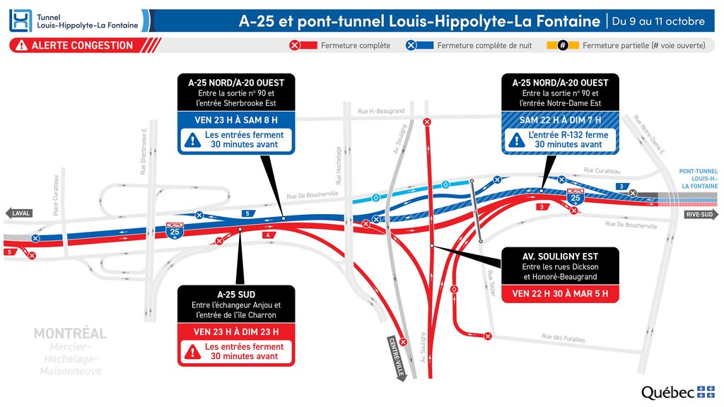 Carte des travaux au tunnel La Fontaine du 9 au 11 octobre 2026