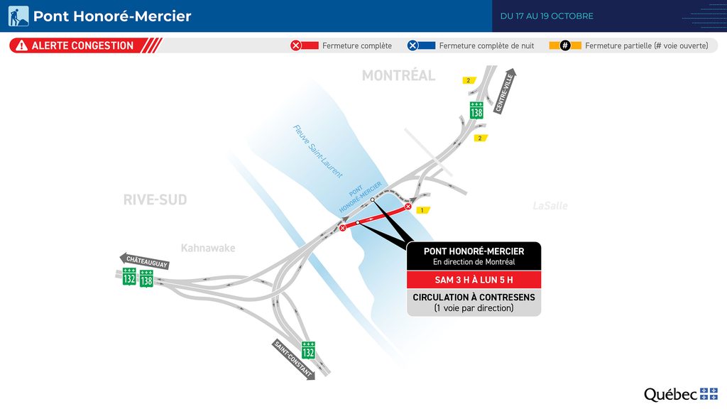 Carte des travaux au pont Mercier du 17 au 19 octobre 2026